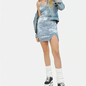 MOTEL WOMEN'S ROSE FLOCK SILVER BLUE‎ COTI MINI LACE DRESS S NEW STRAPS VELVET